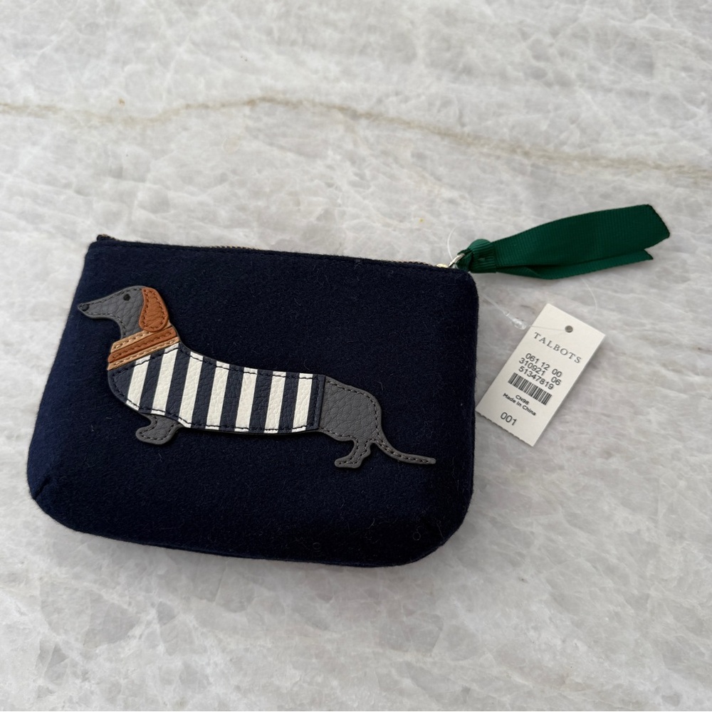 Talbots Dachsund Dog Coin Purse Navy Blue & Faux Leather Zipper Pouch Wallet